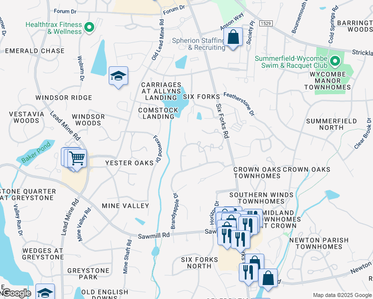 map of restaurants, bars, coffee shops, grocery stores, and more near 301 Hillstone Drive in Raleigh