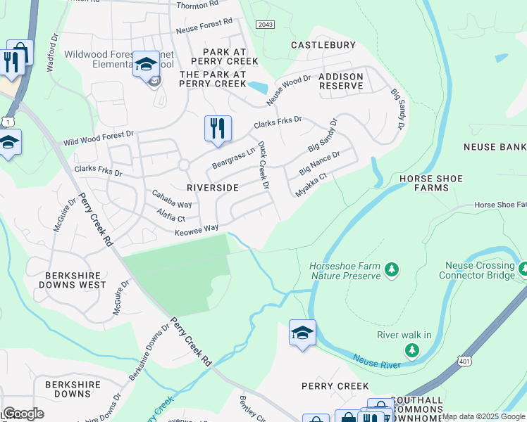 map of restaurants, bars, coffee shops, grocery stores, and more near 5724 Keowee Way in Raleigh
