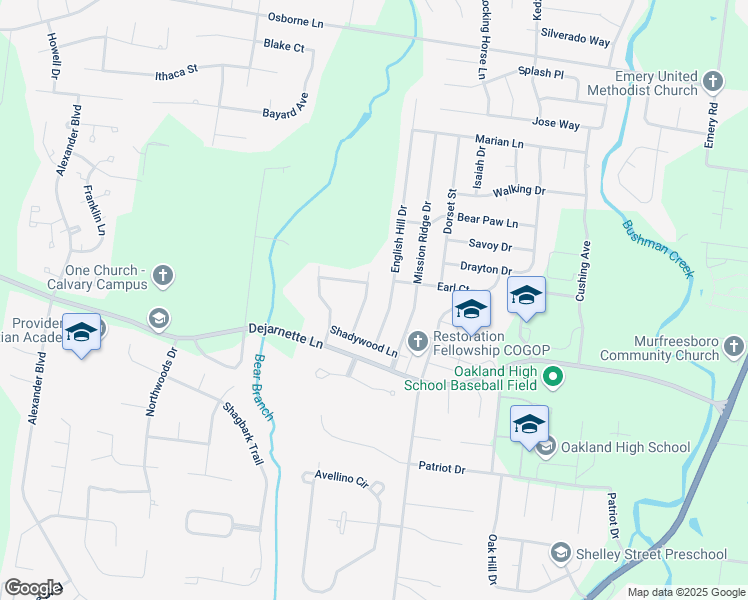 map of restaurants, bars, coffee shops, grocery stores, and more near 2414 Creekhill Avenue in Murfreesboro