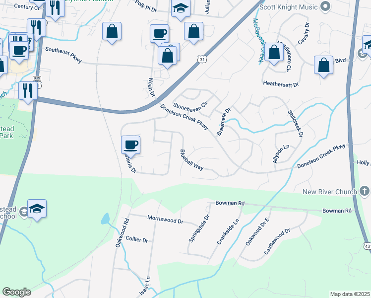 map of restaurants, bars, coffee shops, grocery stores, and more near 420 William Wallace Drive in Franklin