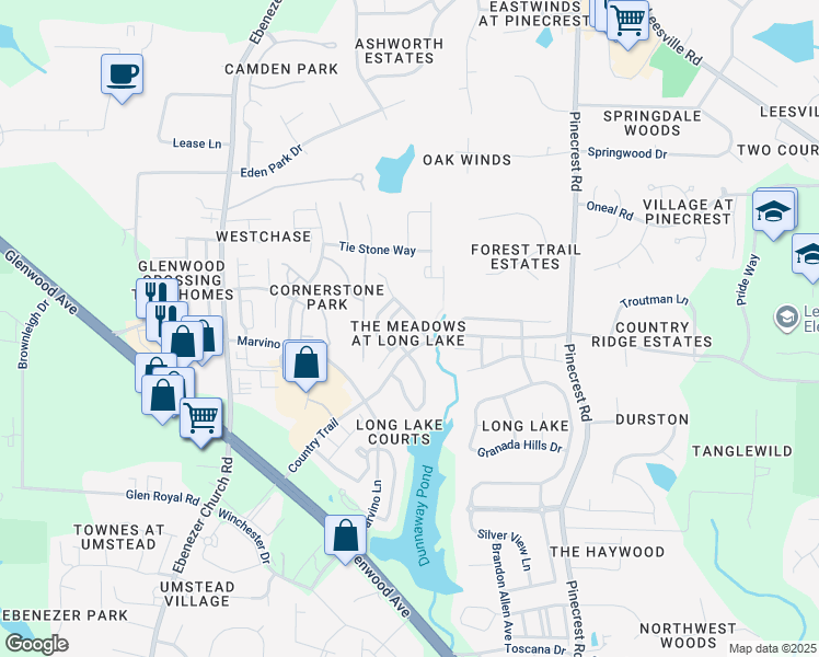 map of restaurants, bars, coffee shops, grocery stores, and more near 7815 Clover Creek in Raleigh