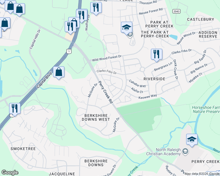 map of restaurants, bars, coffee shops, grocery stores, and more near 5110 Tomasita Court in Raleigh