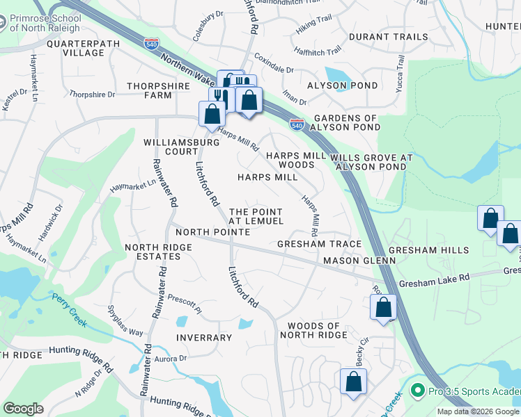 map of restaurants, bars, coffee shops, grocery stores, and more near 2416 Lemuel Drive in Raleigh