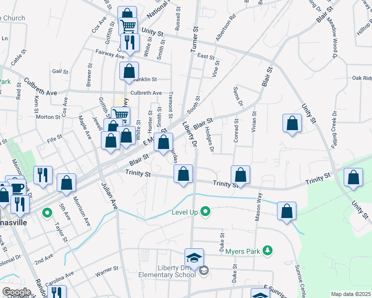 map of restaurants, bars, coffee shops, grocery stores, and more near 11 Jordan Street in Thomasville