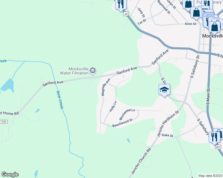 map of restaurants, bars, coffee shops, grocery stores, and more near 157 Azalea Drive in Mocksville