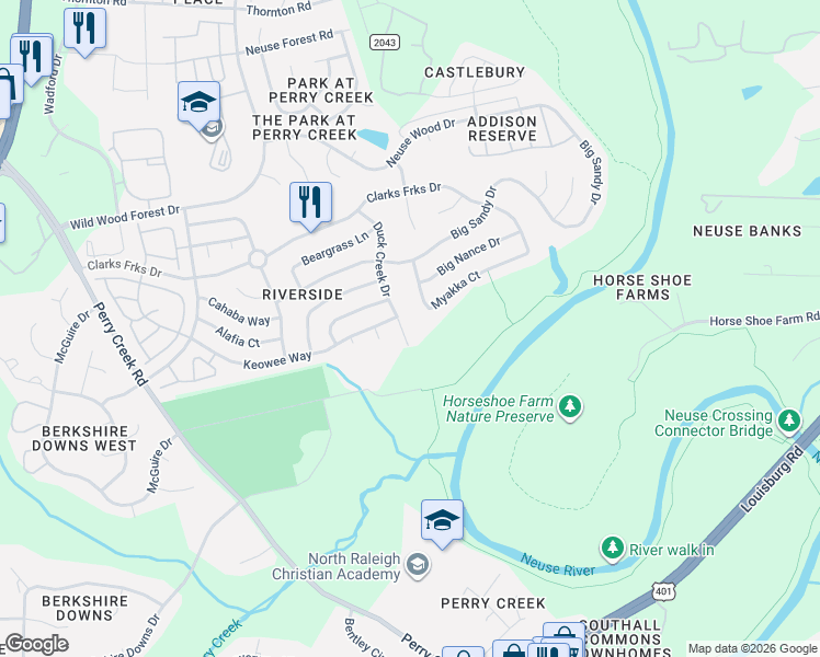 map of restaurants, bars, coffee shops, grocery stores, and more near 8000 Duck Creek Drive in Raleigh