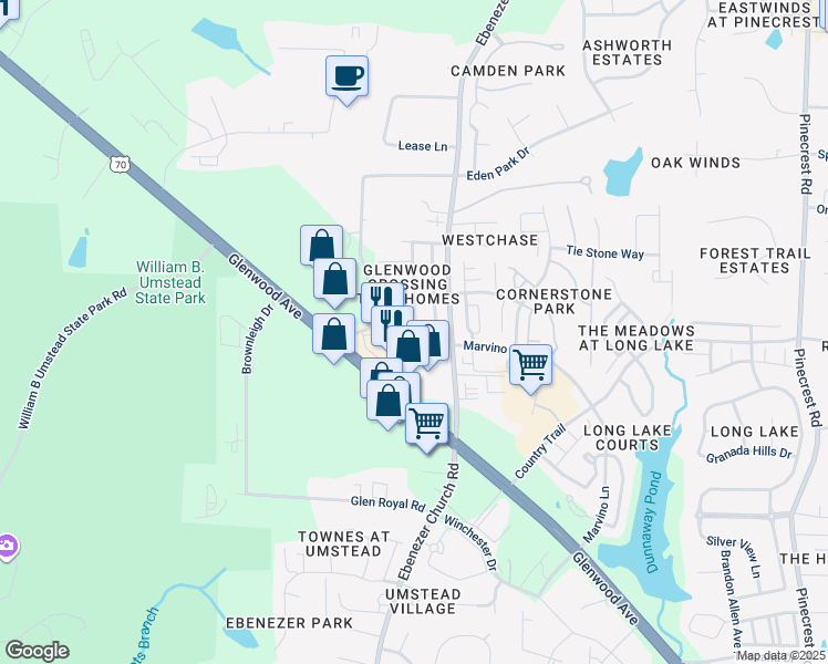 map of restaurants, bars, coffee shops, grocery stores, and more near 8625 ThunderWood Drive in Raleigh