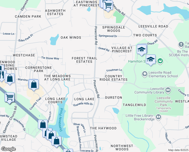 map of restaurants, bars, coffee shops, grocery stores, and more near 7713 Pinecrest Road in Raleigh
