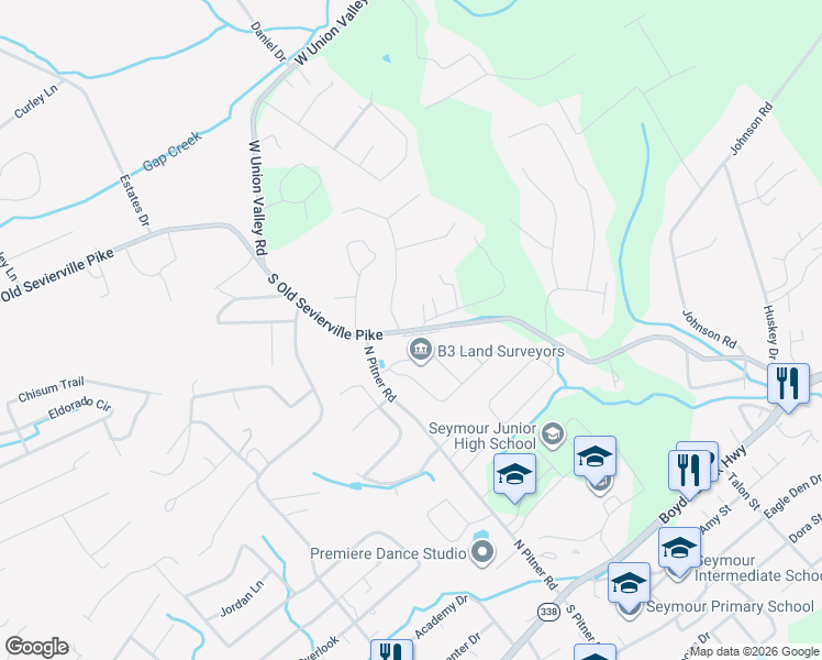 map of restaurants, bars, coffee shops, grocery stores, and more near 539 South Old Sevierville Pike in Seymour