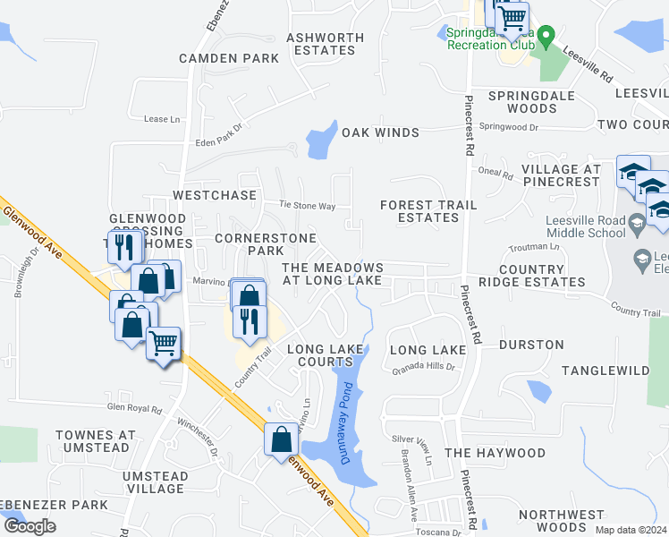 map of restaurants, bars, coffee shops, grocery stores, and more near 7815 Clover Creek in Raleigh