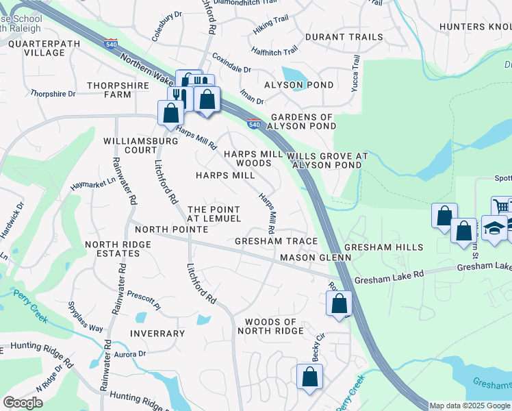 map of restaurants, bars, coffee shops, grocery stores, and more near 7704 Hollyheight Lane in Raleigh