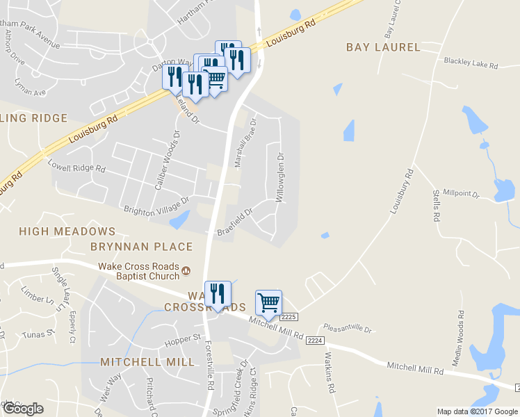 map of restaurants, bars, coffee shops, grocery stores, and more near 7818 Braefield Drive in Raleigh