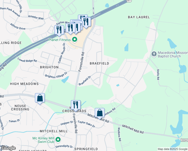 map of restaurants, bars, coffee shops, grocery stores, and more near 7818 Braefield Drive in Raleigh