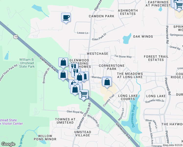 map of restaurants, bars, coffee shops, grocery stores, and more near 8603 ThunderWood Drive in Raleigh