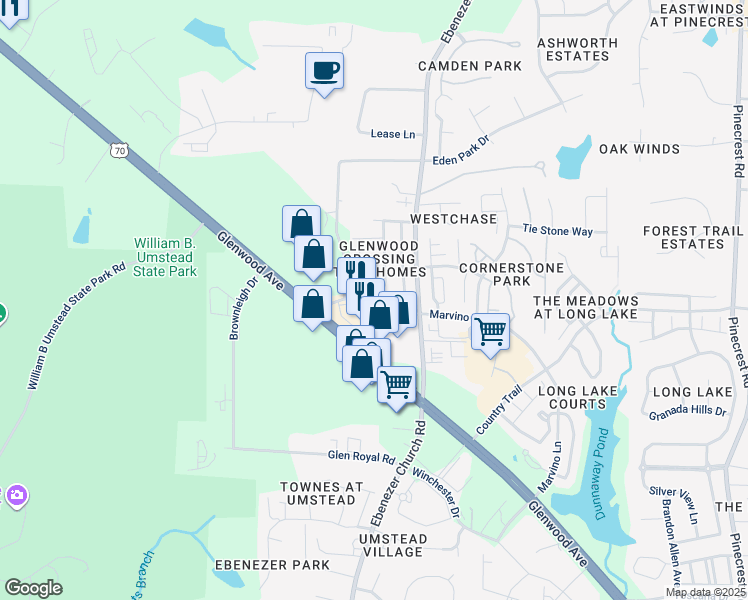 map of restaurants, bars, coffee shops, grocery stores, and more near 8625 ThunderWood Drive in Raleigh