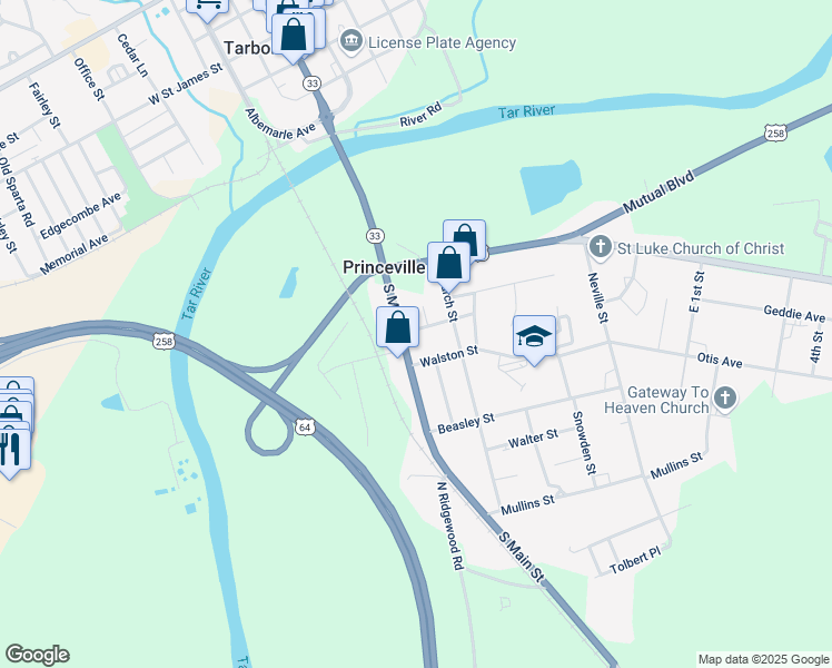 map of restaurants, bars, coffee shops, grocery stores, and more near 104 Walston Street in Princeville