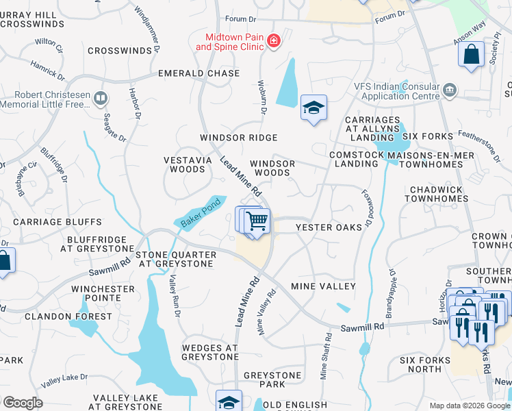 map of restaurants, bars, coffee shops, grocery stores, and more near 7808 Mayfaire Crest Lane in Raleigh