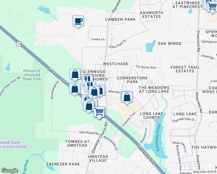 map of restaurants, bars, coffee shops, grocery stores, and more near 8603 ThunderWood Drive in Raleigh