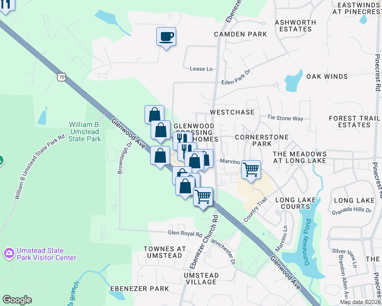 map of restaurants, bars, coffee shops, grocery stores, and more near 8625 ThunderWood Drive in Raleigh