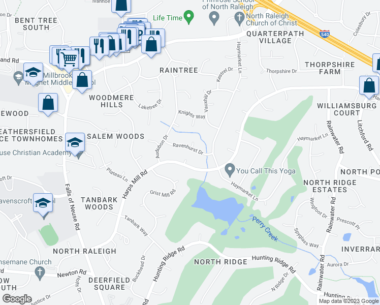 map of restaurants, bars, coffee shops, grocery stores, and more near 1328 Ravenhurst Drive in Raleigh