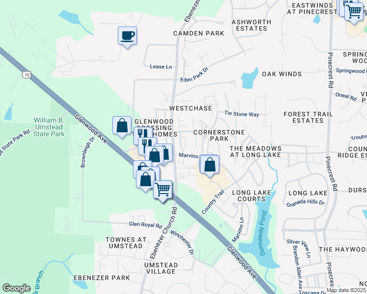 map of restaurants, bars, coffee shops, grocery stores, and more near 8202 Belneath Court in Raleigh