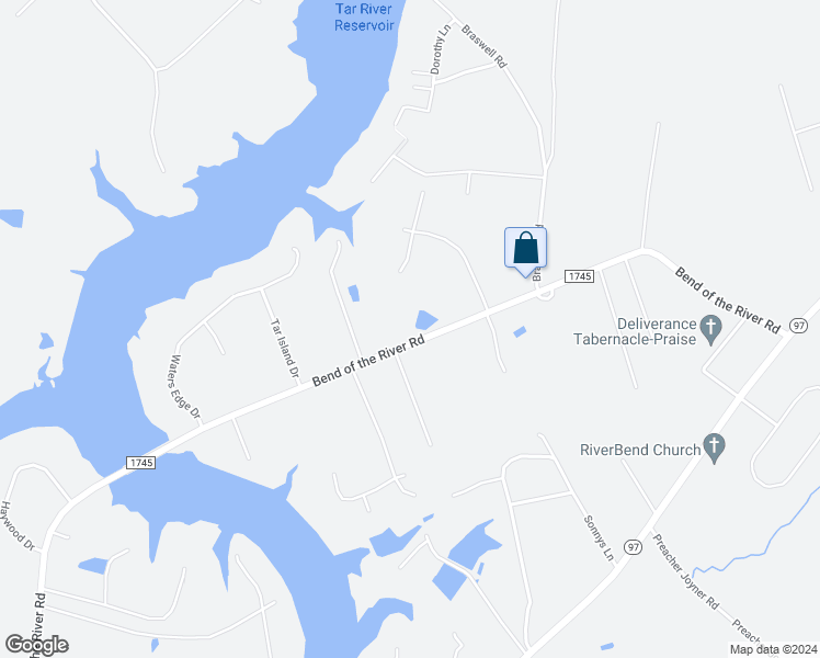 map of restaurants, bars, coffee shops, grocery stores, and more near 8270 Bend of the River Road in Rocky Mount