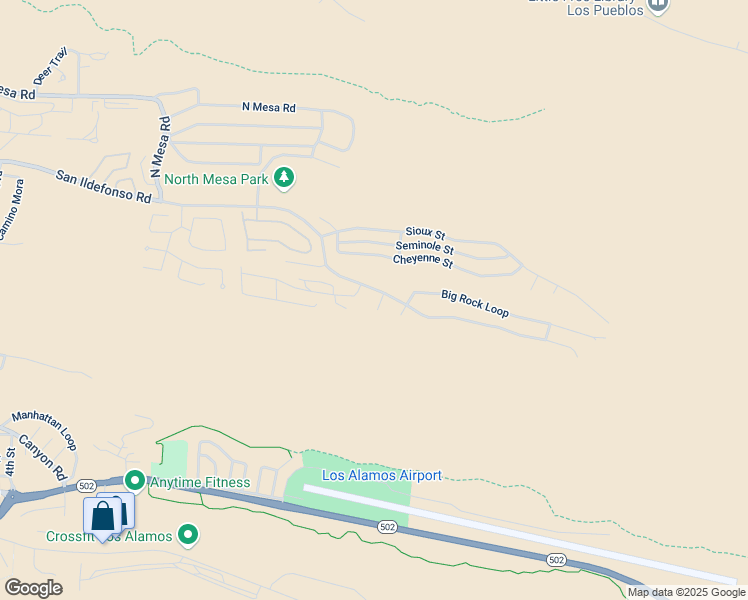 map of restaurants, bars, coffee shops, grocery stores, and more near 1034 Big Rock Loop in Los Alamos