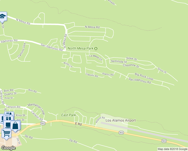 map of restaurants, bars, coffee shops, grocery stores, and more near 960 Capulin Road in Los Alamos