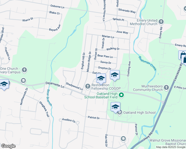 map of restaurants, bars, coffee shops, grocery stores, and more near 1618 Earl Court in Murfreesboro