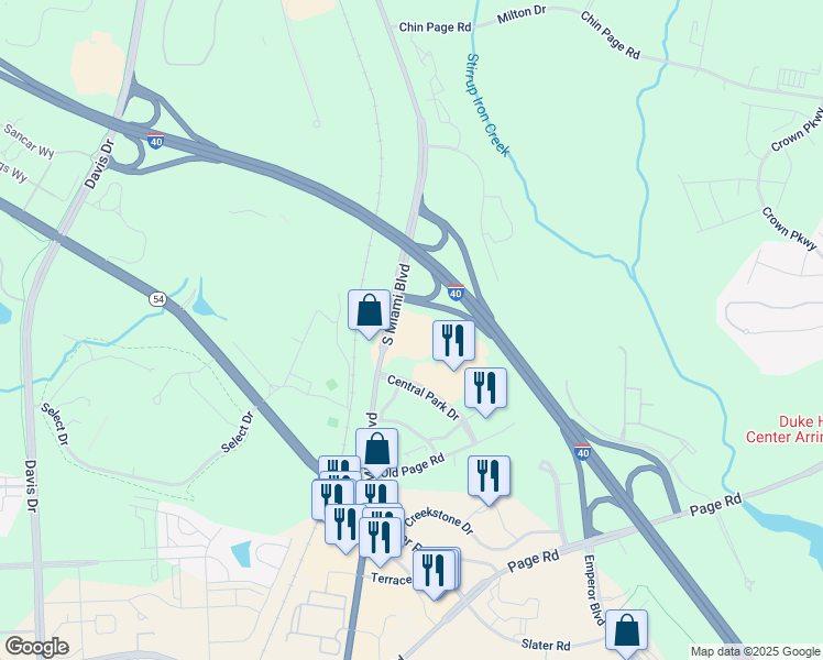 map of restaurants, bars, coffee shops, grocery stores, and more near 4919 South Miami Boulevard in Durham