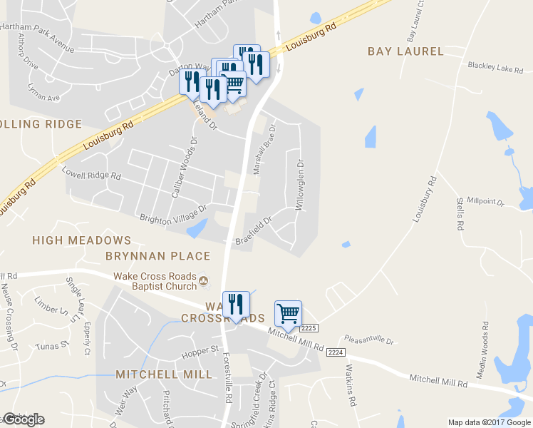 map of restaurants, bars, coffee shops, grocery stores, and more near 7807 Braefield Drive in Raleigh
