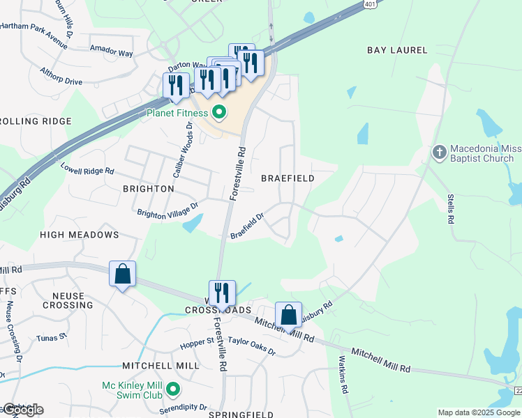 map of restaurants, bars, coffee shops, grocery stores, and more near 7807 Braefield Drive in Raleigh