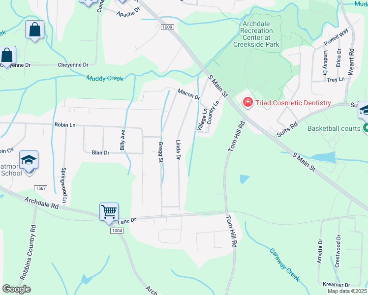 map of restaurants, bars, coffee shops, grocery stores, and more near 207 Linda Drive in Archdale