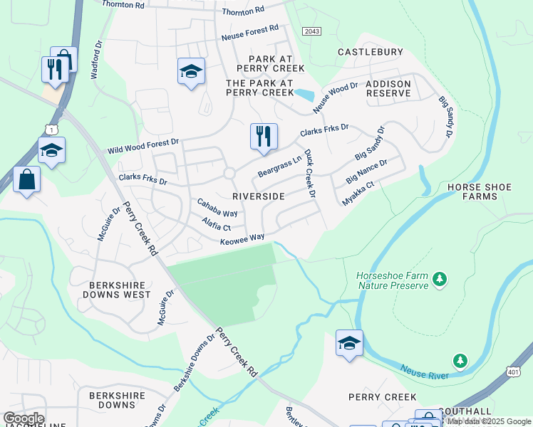 map of restaurants, bars, coffee shops, grocery stores, and more near 5528 Enoree Lane in Raleigh