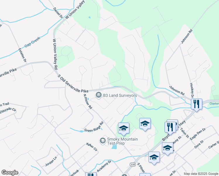 map of restaurants, bars, coffee shops, grocery stores, and more near 521 South Old Sevierville Pike in Seymour