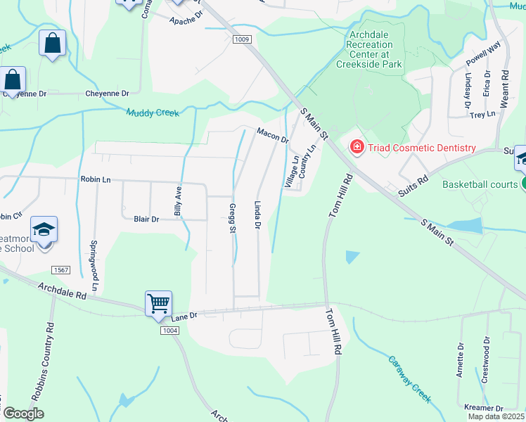 map of restaurants, bars, coffee shops, grocery stores, and more near 207 Linda Drive in Archdale