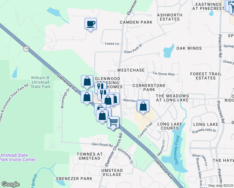 map of restaurants, bars, coffee shops, grocery stores, and more near 8603 ThunderWood Drive in Raleigh
