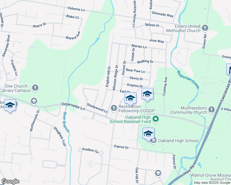 map of restaurants, bars, coffee shops, grocery stores, and more near 1618 Earl Court in Murfreesboro