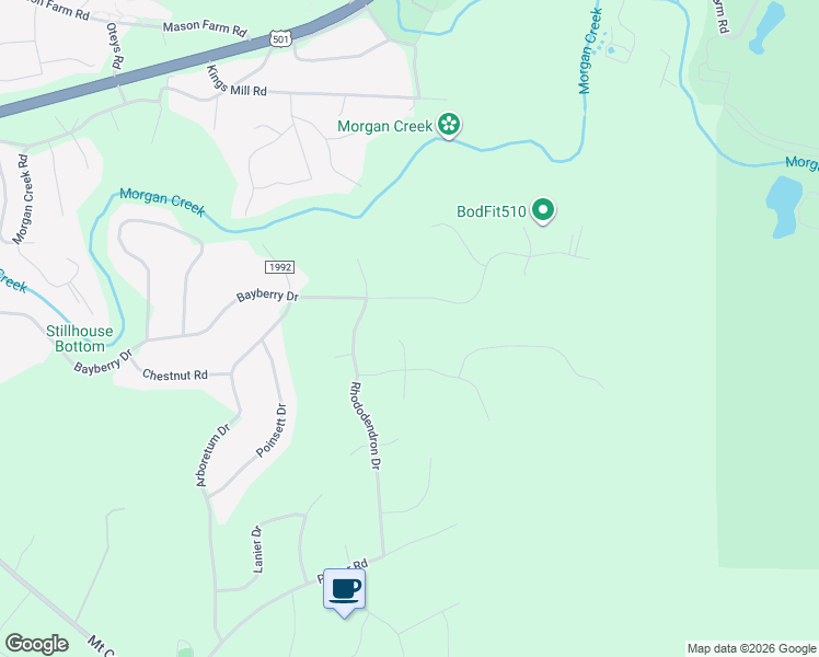 map of restaurants, bars, coffee shops, grocery stores, and more near 108 Umbrio Lane in Chapel Hill