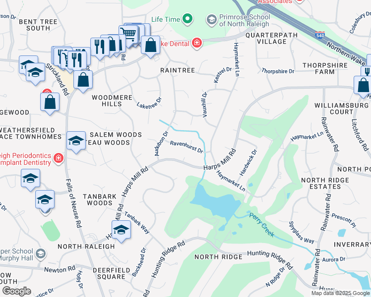 map of restaurants, bars, coffee shops, grocery stores, and more near 1324 Ravenhurst Drive in Raleigh