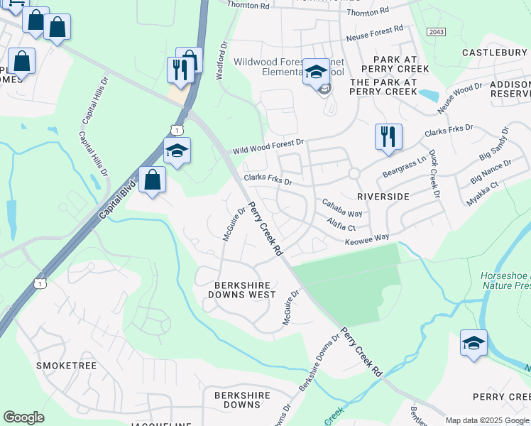 map of restaurants, bars, coffee shops, grocery stores, and more near 5102 Brooke Lauren Lane in Raleigh