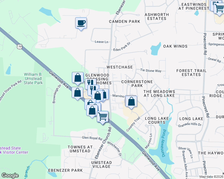 map of restaurants, bars, coffee shops, grocery stores, and more near 8603 ThunderWood Drive in Raleigh