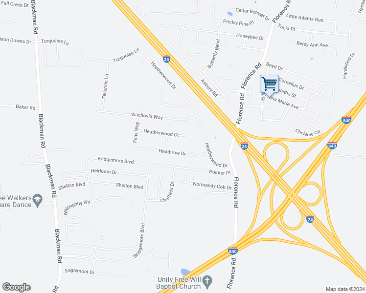 map of restaurants, bars, coffee shops, grocery stores, and more near 120 Heathrow Drive in Murfreesboro