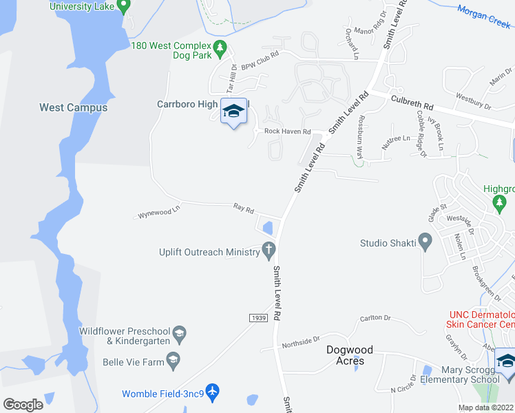 map of restaurants, bars, coffee shops, grocery stores, and more near 106 Ray Road in Chapel Hill