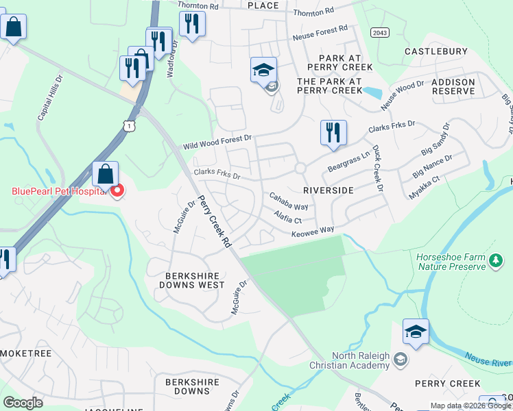 map of restaurants, bars, coffee shops, grocery stores, and more near 5401 Keowee Way in Raleigh