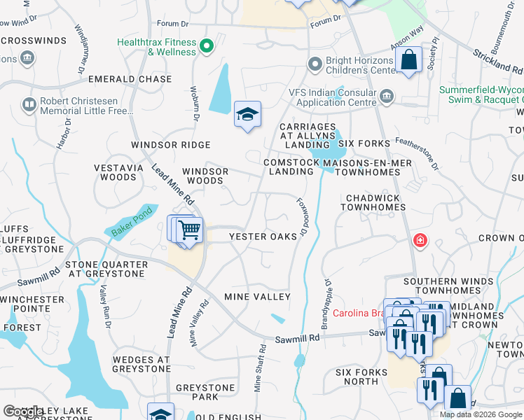 map of restaurants, bars, coffee shops, grocery stores, and more near 8017 Old Lead Mine Road in Raleigh
