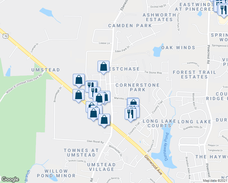 map of restaurants, bars, coffee shops, grocery stores, and more near 8603 ThunderWood Drive in Raleigh
