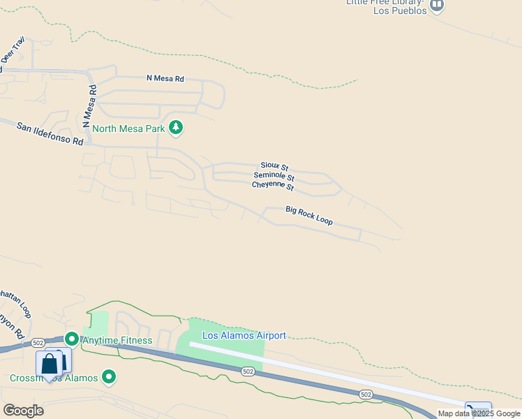 map of restaurants, bars, coffee shops, grocery stores, and more near 1034 Big Rock Loop in Los Alamos