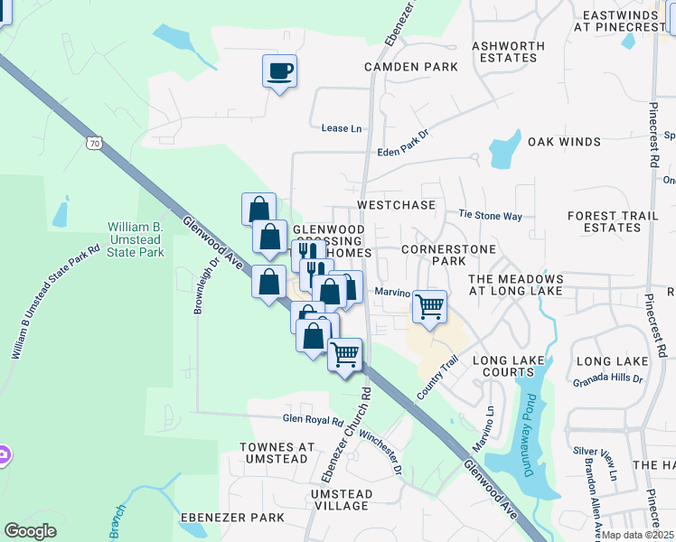 map of restaurants, bars, coffee shops, grocery stores, and more near 8622 ThunderWood Drive in Raleigh