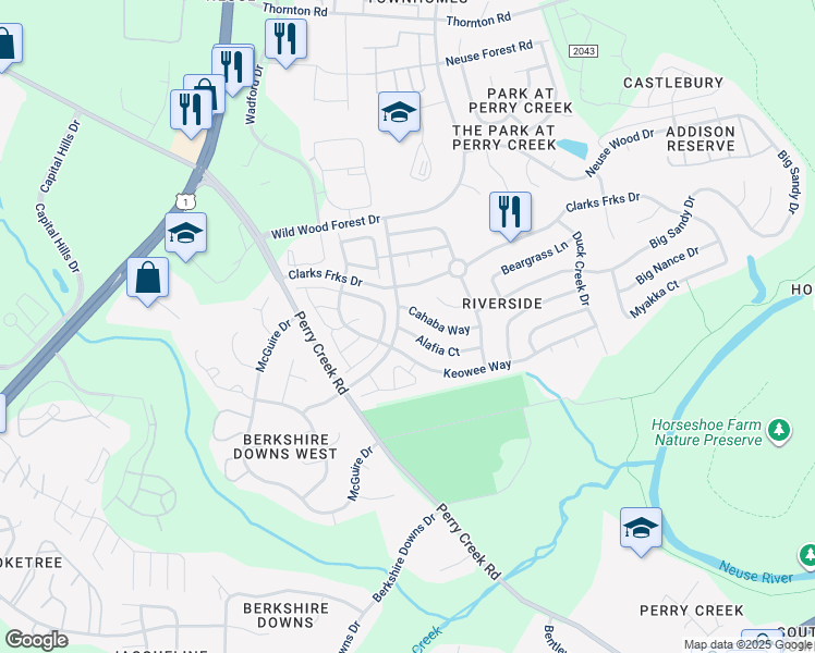map of restaurants, bars, coffee shops, grocery stores, and more near 5405 Alafia Court in Raleigh